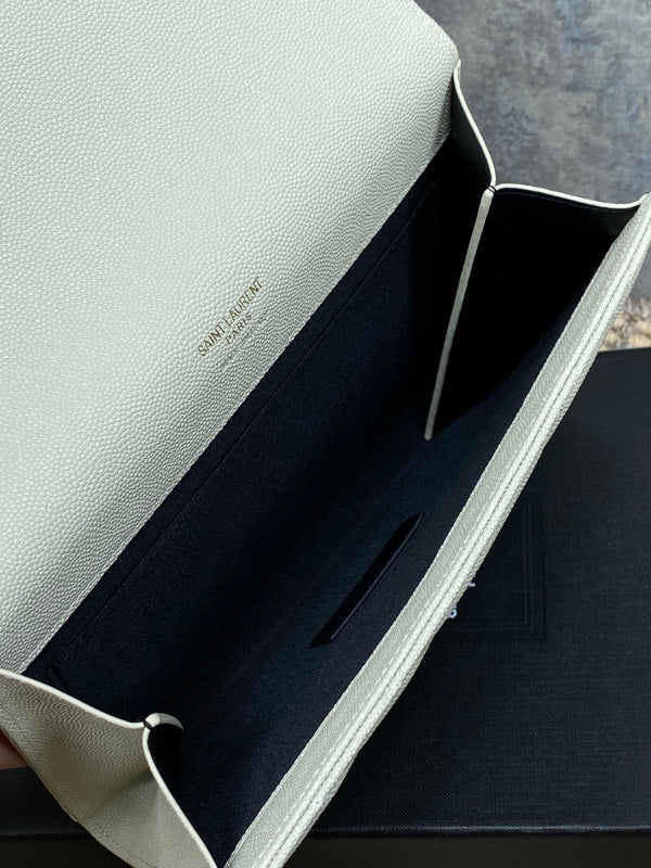 YSL Gold Hardware Logo Clutch 21cm White Caviar Cowhide