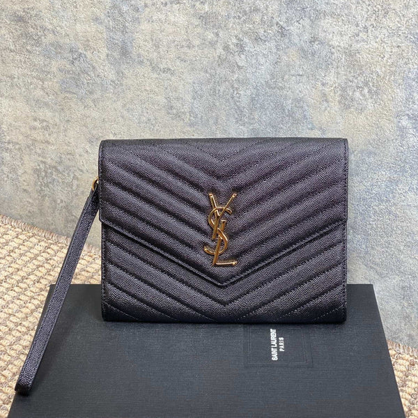 YSL Gold Hardware Logo Clutch 21cm Black Caviar Cowhide