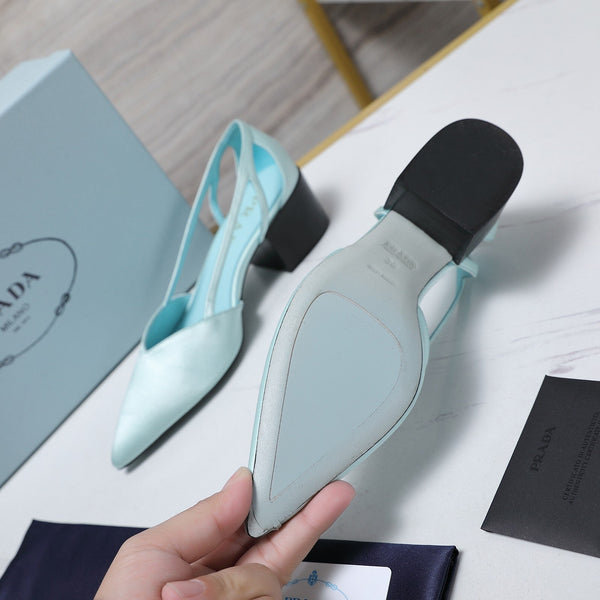 Prada Cutout Satin Pointy-Toe Pump 50mm Blue Satin 456273
