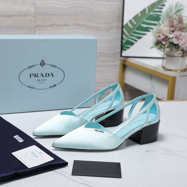 Prada Cutout Satin Pointy-Toe Pump 50mm Blue Satin 456273