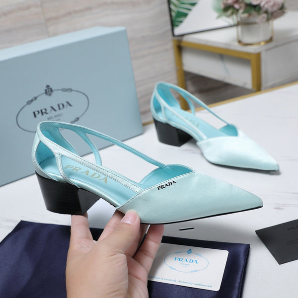 Prada Cutout Satin Pointy-Toe Pump 50mm Blue Satin 456273