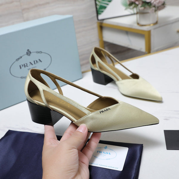 Prada Cutout Satin Pointy-Toe Pump 50mm Off-White Satin 456275