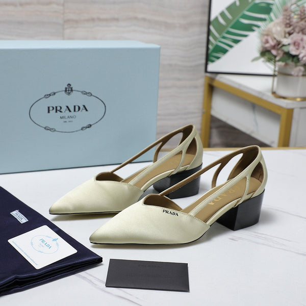 Prada Cutout Satin Pointy-Toe Pump 50mm Off-White Satin 456275