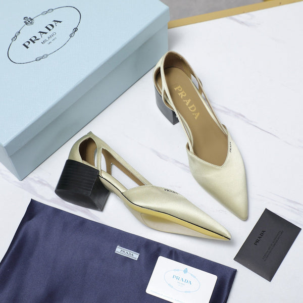 Prada Cutout Satin Pointy-Toe Pump 50mm Off-White Satin 456275