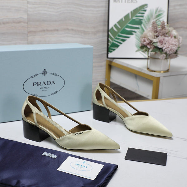 Prada Cutout Satin Pointy-Toe Pump 50mm Off-White Satin 456275