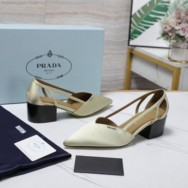 Prada Cutout Satin Pointy-Toe Pump 50mm Off-White Satin 456275