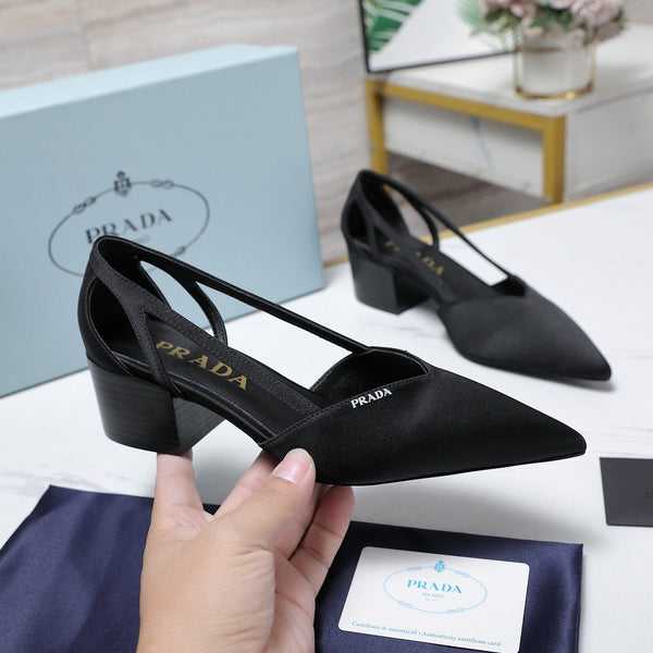 Prada Cutout Satin Pointy-Toe Pump 50mm Black Satin 456276