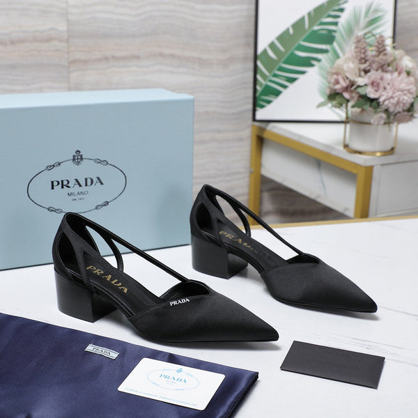 Prada Cutout Satin Pointy-Toe Pump 50mm Black Satin 456276