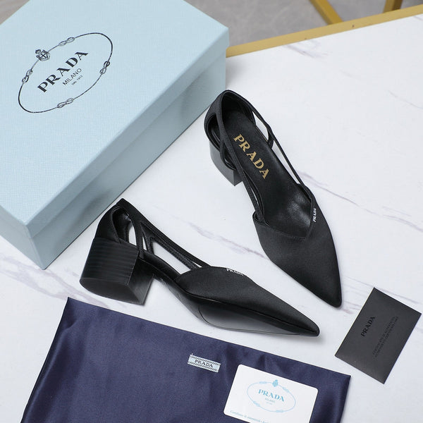 Prada Cutout Satin Pointy-Toe Pump 50mm Black Satin 456276