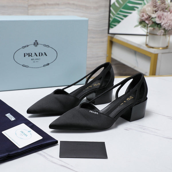 Prada Cutout Satin Pointy-Toe Pump 50mm Black Satin 456276