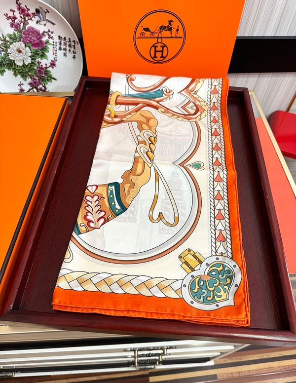 Carré Harnais De Cœur Scarf 90 CM In Orange Colorful Silk 306470