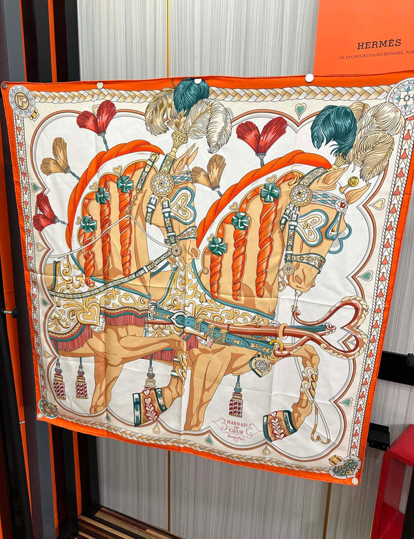 Carré Harnais De Cœur Scarf 90 CM In Orange Colorful Silk 306470