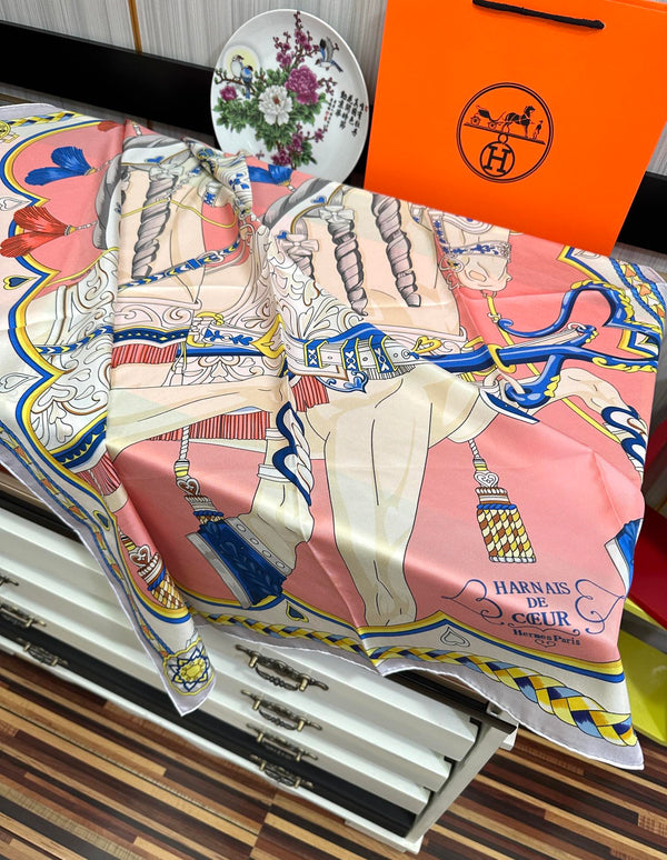 Carré Harnais De Cœur Scarf 90 CM In Pink Colorful Silk 306471