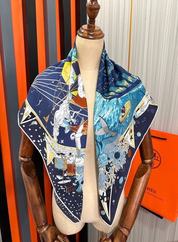 Square Scarf 90 CM Charcoal Blue Colorful Silk