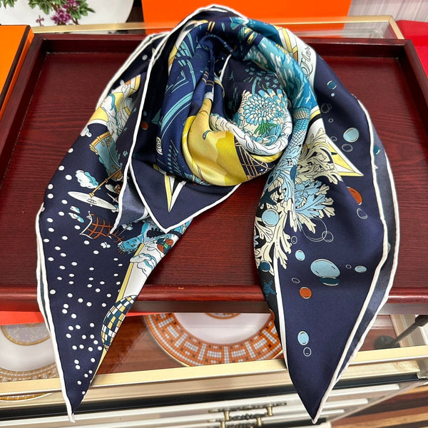 Flagship Silk Scarf 90 CM Charcoal Blue Colorful