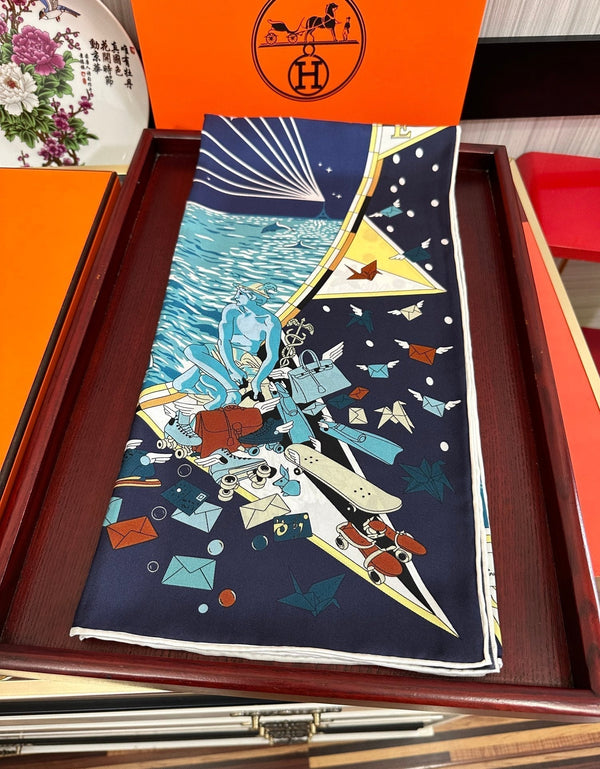 Square Scarf 90 CM Charcoal Blue Colorful Silk