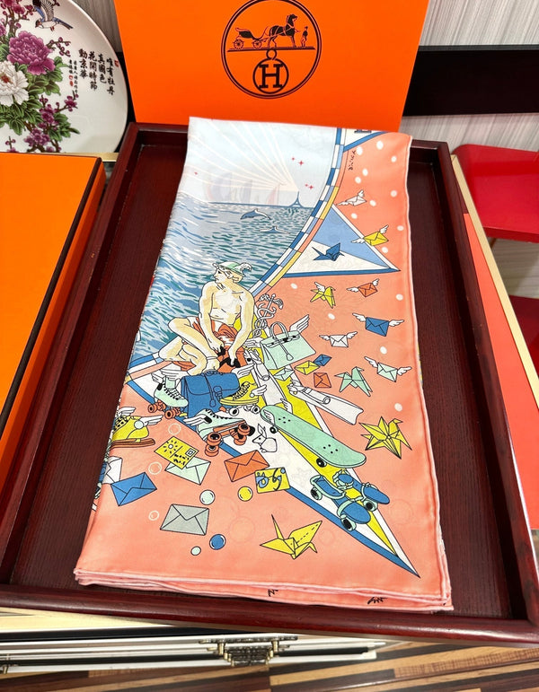 Square Scarf 90 CM Pink Orange Colorful Silk