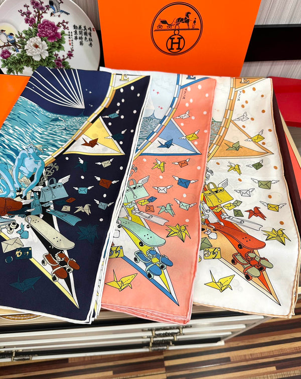 Square Scarf 90 CM White Colorful Silk