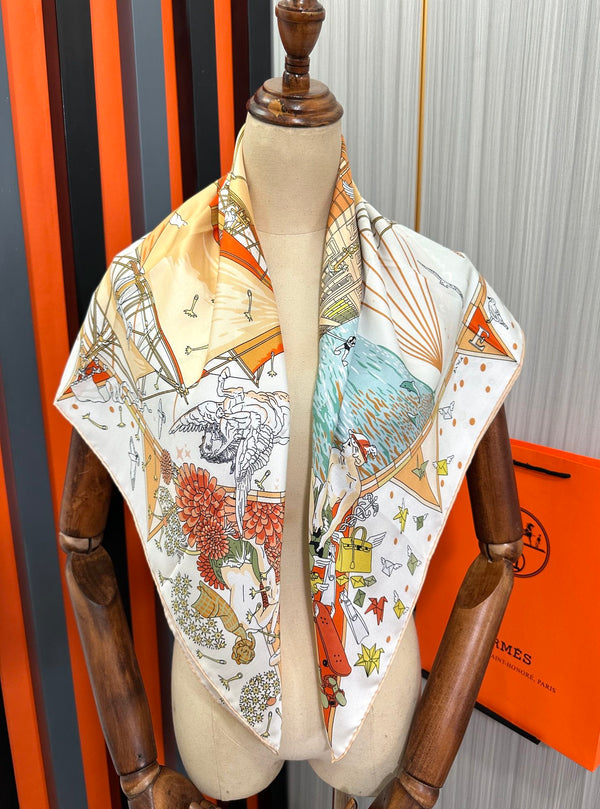 Square Scarf 90 CM White Colorful Silk