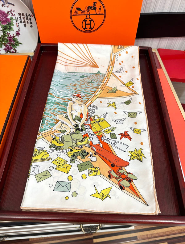 Flagship Silk Scarf 90 CM White Colorful