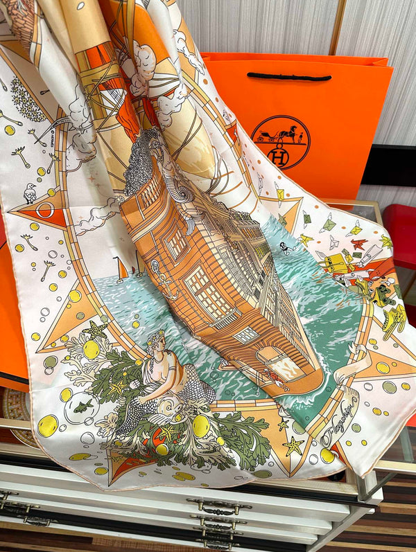 Square Scarf 90 CM White Colorful Silk