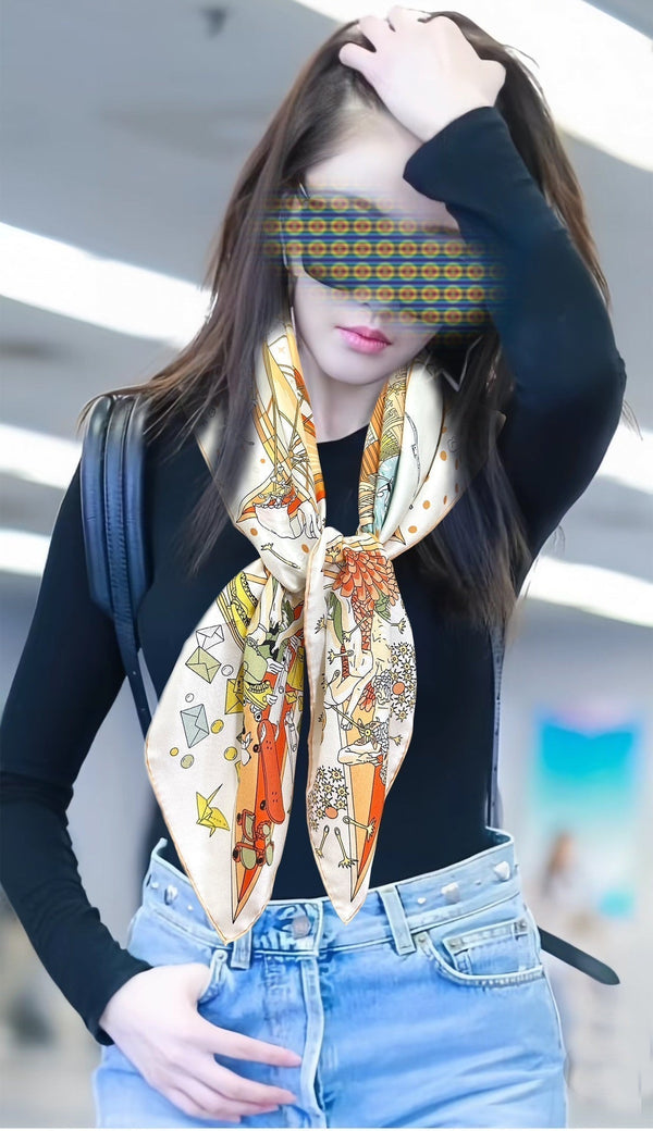 Square Scarf 90 CM White Colorful Silk