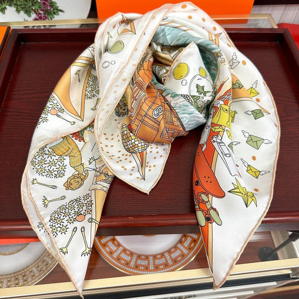 Square Scarf 90 CM White Colorful Silk