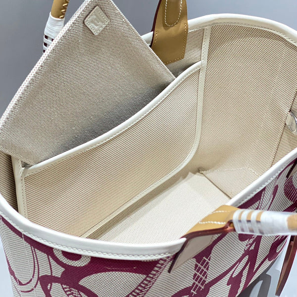 STEEPLE 28 BAG IN OFF-WHITE MIX PERSIAN PLUM RED CANVAS AND BROWN SWIFT LEATHER