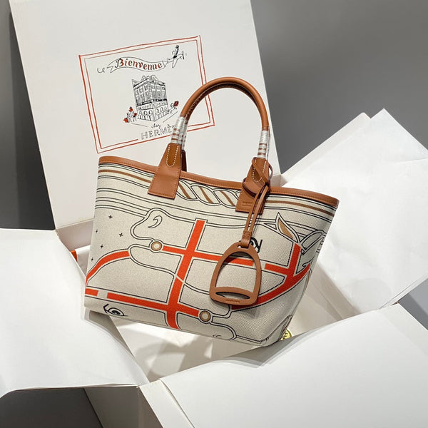 BORSA STEEPLE 28 IN TELA BEIGE E PELLE SWIFT MARRONE