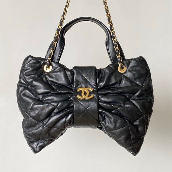 CC 25 AW Mini Bow Bag 38cm Black Shiny Lambskin