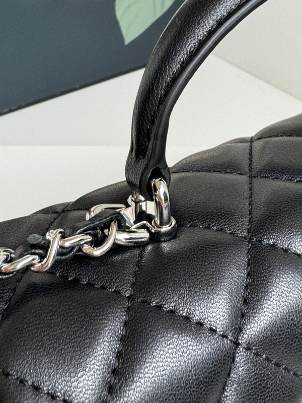 24c mini flap bag 20cm with top handle black calfskin silver hardware