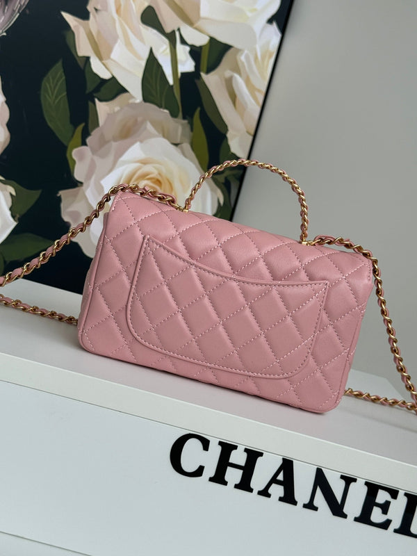 24c mini flap bag 20cm with top handle pink lambskin