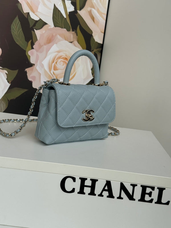 CC 24K Coco Handle Nano 14.5cm Cloud Blue Grained Calfskin Gold Hardware