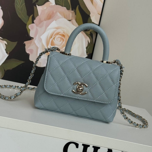 CC 24K Coco Handle Nano 14.5cm Cloud Blue Grained Calfskin Gold Hardware