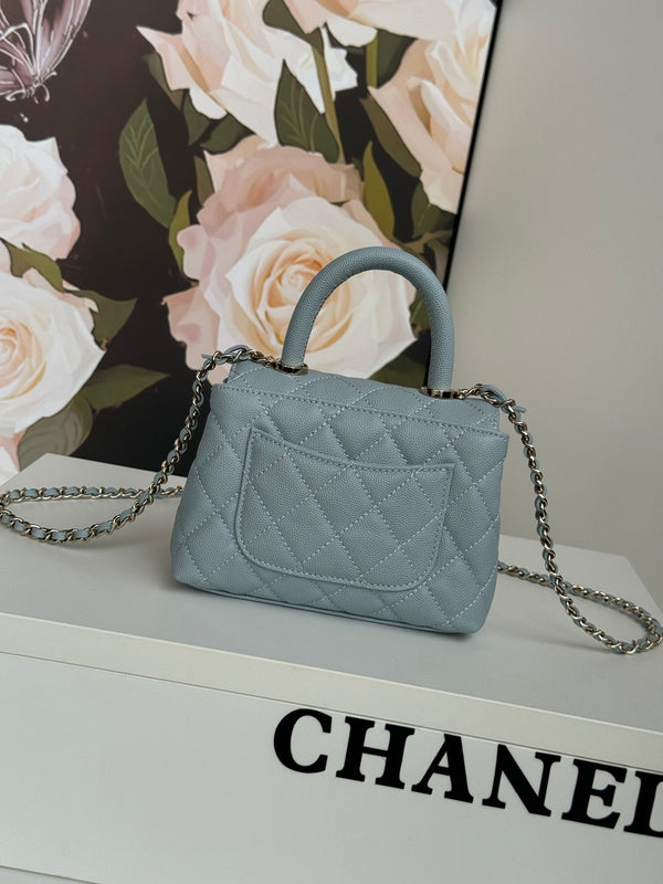 CC 24K Coco Handle Nano 14.5cm Cloud Blue Grained Calfskin Gold Hardware