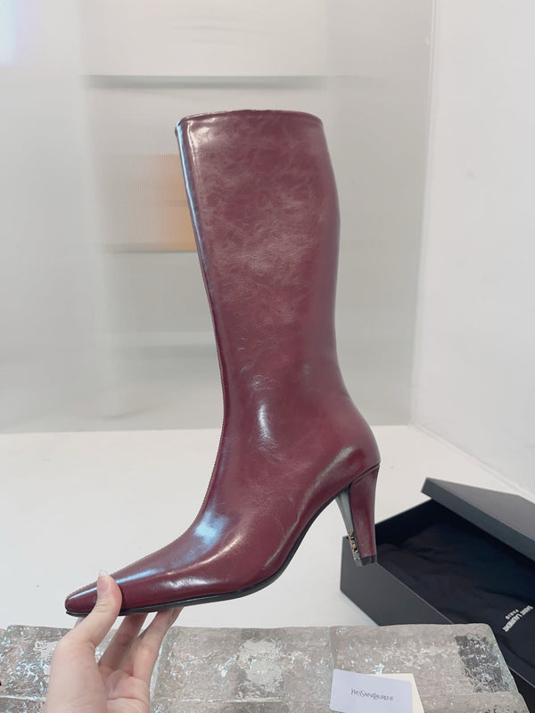 YSL 25 High Heeled Long Boot Burgundy Cowhide 522262