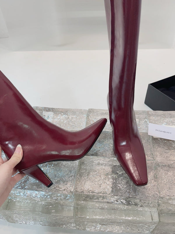 YSL 25 High Heeled Long Boot Burgundy Cowhide 522262