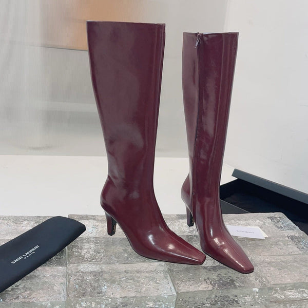 YSL 25 High Heeled Long Boot Burgundy Cowhide 522262