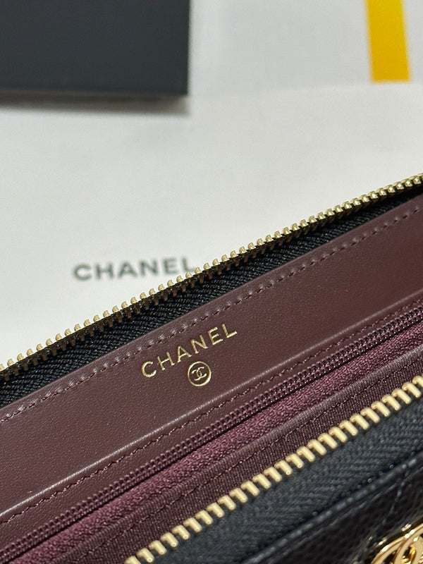 CC Long Zipped Wallet Black Quilted Caviar Gold Buckle 243681