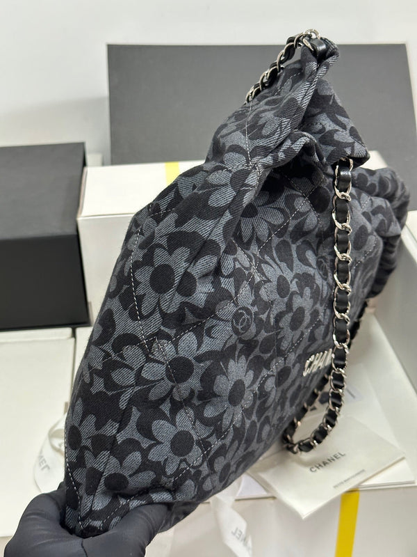 CC 22 Bag Gray Black Camellia Pattern Demin Silver Hardware 243625