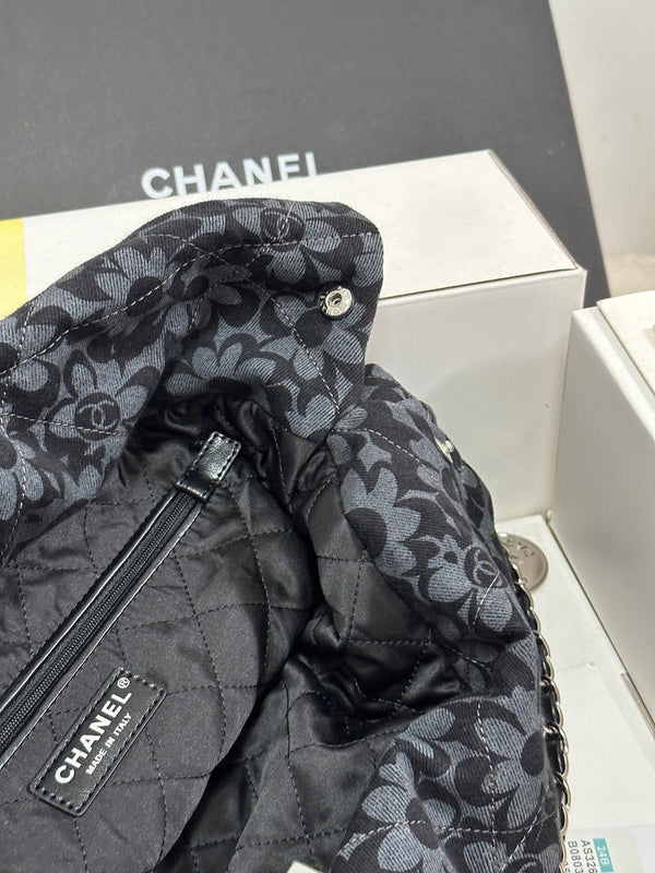 CC 22 Bag Gray Black Camellia Pattern Demin Silver Hardware 243625