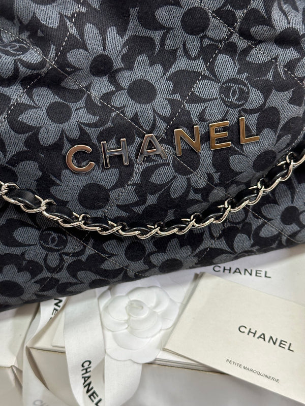 CC 22 Bag Gray Black Camellia Pattern Demin Silver Hardware 243625