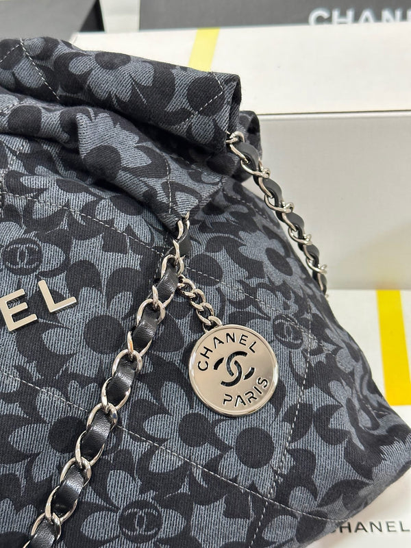 CC 22 Bag Gray Black Camellia Pattern Demin Silver Hardware 243625