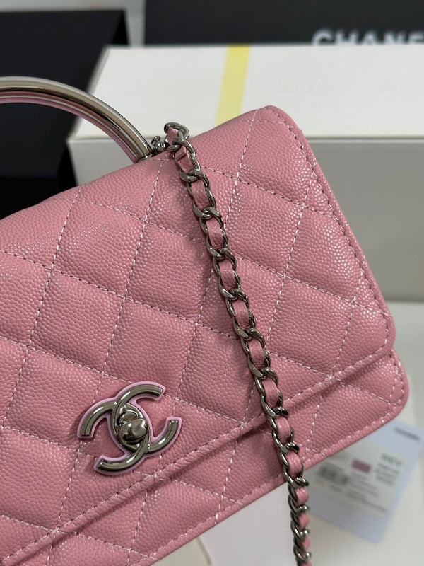 CC 25P Wallet Woc Handle 19cm Pink Pastel Leather Silver Hardware 243448