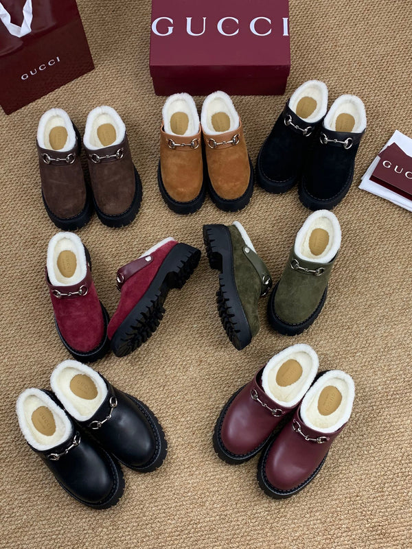 Gucci FW 25 Horsebit Suede Clog Camel Suede with Shearling 506444