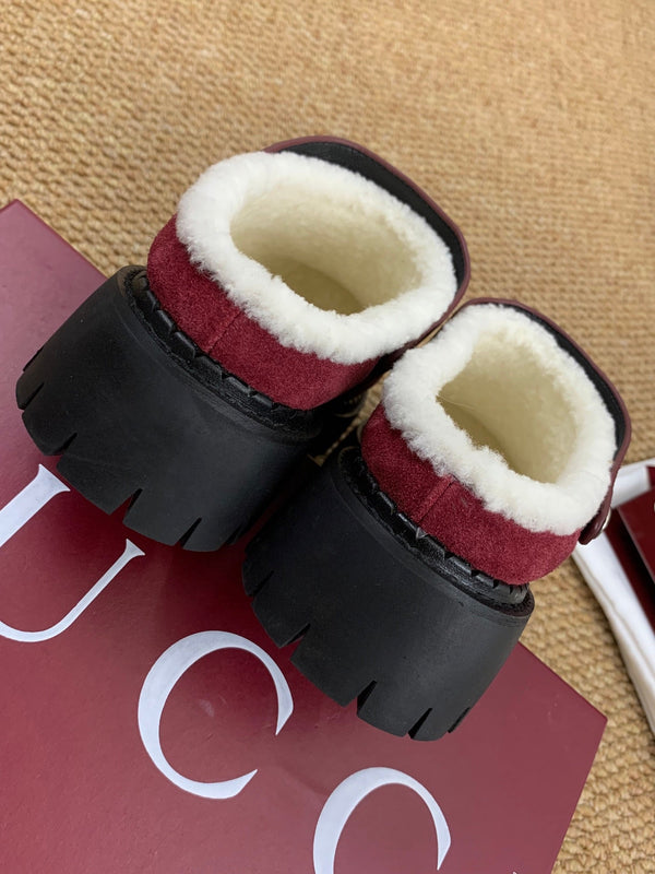 Gucci FW 25 Horsebit Suede Clog Red Suede with Shearling 506447