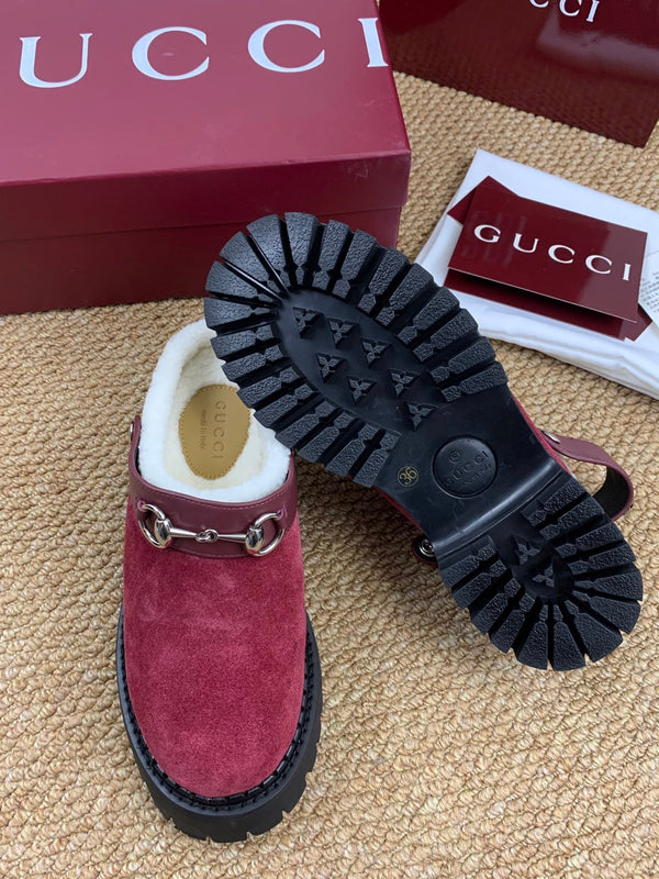 Gucci FW 25 Horsebit Suede Clog Red Suede with Shearling 506447