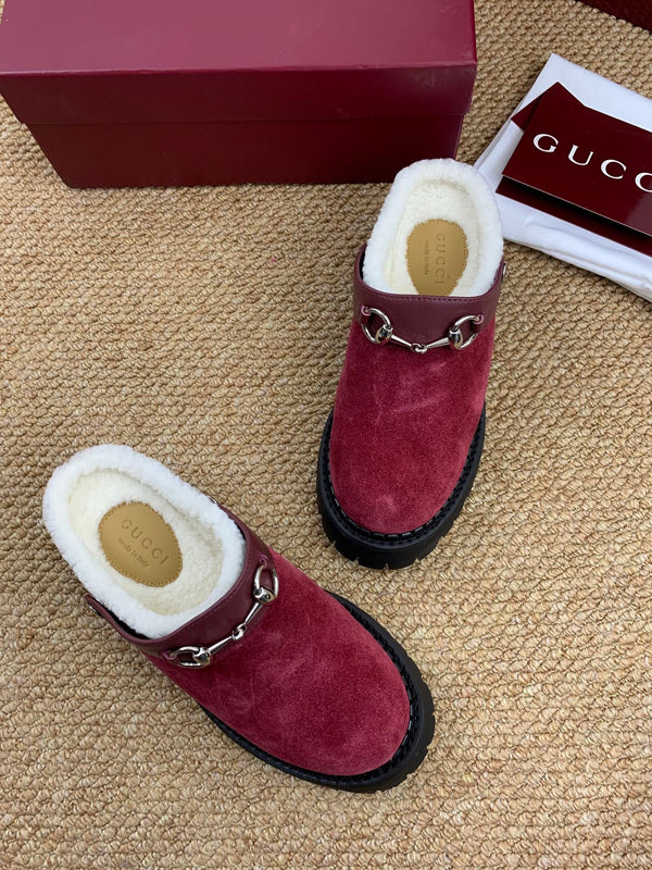 Gucci FW 25 Horsebit Suede Clog Red Suede with Shearling 506447