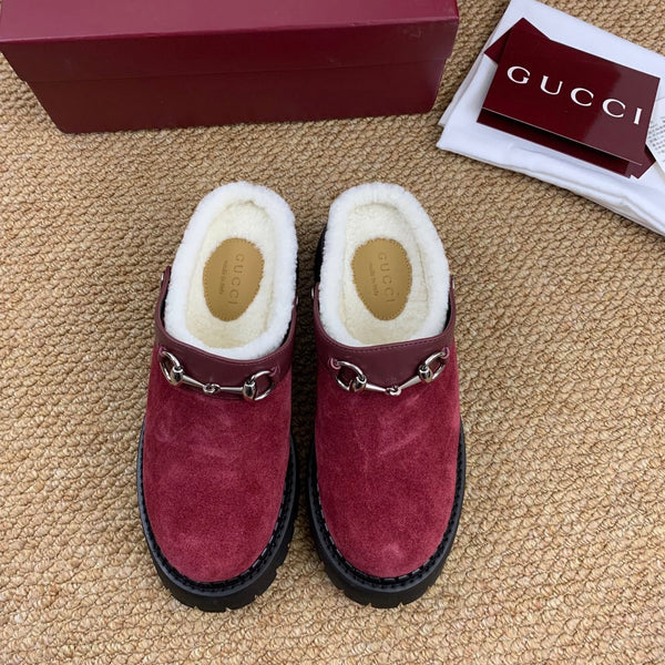 Gucci FW 25 Horsebit Suede Clog Red Suede with Shearling 506447