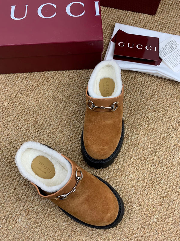 Gucci FW 25 Horsebit Suede Clog Camel Suede with Shearling 506444